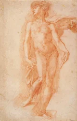 Merkur in einem flatternden Gewand, stehend auf einer Treppe