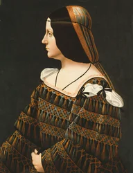 Porträt einer Dame als Halbfigur im Profil, in einem mit Spitze verzierten schwarzen Kleid mit Quastenanhängern und geschlitzten Schultern sowie einer orangefarbenen und grauen Haube