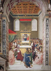 Italien, Siena, Kathedrale, Piccolomini-Bibliothek, Enea Silvio Piccolomini erhält den Kardinalshut von Calixtus III., Detail aus Geschichten von Pius II.