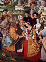 Der Dichter Enee Silvio Piccolomini stellt Eleonore von Portugal Kaiser Friedrich III. des Heiligen Römischen Reiches am Camollia-Tor vor. Detail aus dem Leben von Papst Pius II. (Fresko)