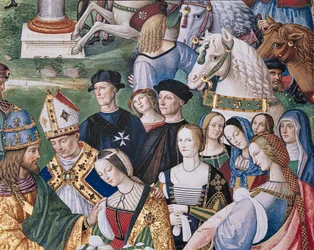 Die Piccolomini-Bibliothek, Südostwand: „Aeneas Sylvius stellt Eleonora von Aragon dem Friedrich III. vor, 24. Februar