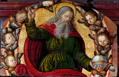 Der ewige Vater (Gott) und die Cherubim. Gott hat die Finger seiner rechten Hand zum Zeichen des Segens erhoben und hält in seiner linken Hand eine Weltkugel. Gemälde aus der Schule von Bernardino di Betto, genannt Pinturicchio (1454-1513).