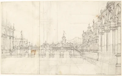 Ein Capriccio von Palästen und einer Loggia mit Blick auf eine klassische Brücke