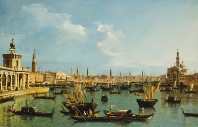 Das Bacino di San Marco, Venedig, vom Giudecca-Kanal mit der Dogana, dem Molo, der Riva degli Schiavoni, der Kirche San Giorgio Maggiore und zahlreichen Booten
