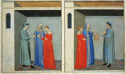 Predella mit Geschichten der Sacra Cintola: Hochzeit von Michael, der die Mitgift der Sacra Cintola erhält