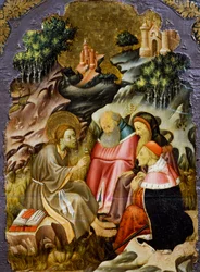 Predigt von Johannes dem Täufer, Detail (Predella eines Altars) aus der Kathedrale von Vic, von Bernat Martorell, katalanische gotische Kunst