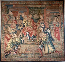 Zyklus des Ödipus: Ödipus und Jokaste - Links, Ödipus löst das Rätsel der Sphinx, in der Mitte sitzt Ödipus auf dem Thron neben Königin Jokaste, seiner Mutter - Wandteppich