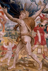 Flämischer Wandteppich. Serie Die Sphären. Herkules trägt die Himmelskugel. Erster Wandteppich der Serie. Modell Barend van Orley oder Pieter Coecke van Aelst. 1525-1530. Herstellung Joris Vezeleer (Georg Wezeler)?