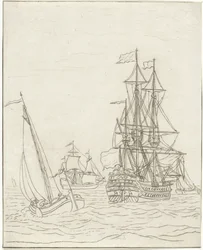 Kriegsschiff und drei Segelschiffe auf hoher See