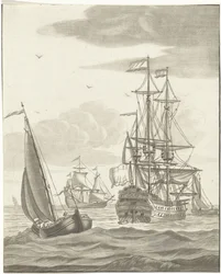 Kriegsschiff und drei Segelschiffe auf hoher See