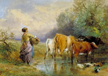 Ein Mädchen treibt Vieh durch einen Bach