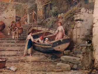 Ansicht von Clovelly mit gestrandeten Boot und Figuren, 1882, 1935