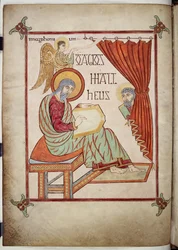 St. Matthäus, schreibend, mit seinem Symbol, aus den Lindisfarne Evangelien, 710-721