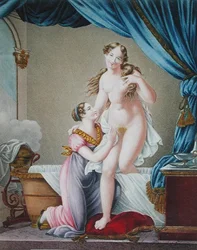 Frau steigt aus ihrem Bad, assistiert von ihrer Magd, um 1820
