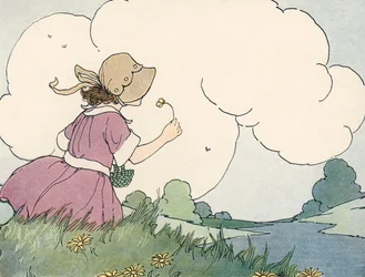 Junges Mädchen riecht an einer Wildblume gegen einen Sommerhimmel