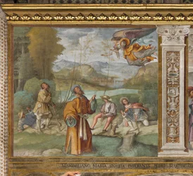Zentrales Kirchenschiff, Erste Nordspanne, Verkündigung an Gioacchino, Boccaccio Boccaccino 1514-15