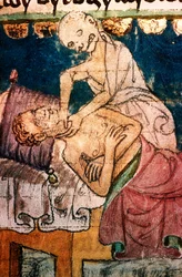 Der Tod erwürgt ein Opfer der Pest - Miniatur aus dem Codex Stini, Böhmen