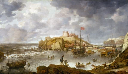 Der Hafen von Archangelsk (Russland), teilweise gefroren, mit einem Schiff, das die dänische Flagge trägt