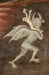 Nördliches Querschiff, Altar des Erzengels Michael, Fresken von Bonifacio Bembo, Erzengel Michael mit Waage vertreibt das Böse (Detail)