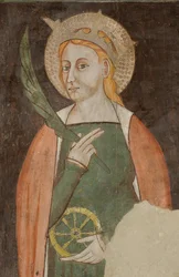 Nordtransept, Altar des Erzengels Michael, Hinter dem Altarbild die Fresken von Bonifacio Bembo, Heilige Katharina von Alexandria