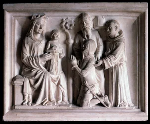 Die Jungfrau präsentiert Jesus drei Personen (Skulptur)