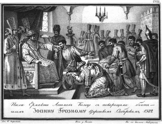 Jermaks Gesandtschaft bei Zar Iwan dem Schrecklichen aus dem illustrierten Karamzin, 1836
