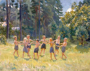 Ringelreihen auf einer Lichtung bei einer Datscha