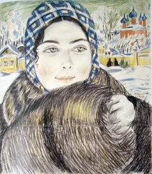 Die Frau eines jungen Kaufmanns mit kariertem Schal - Boris Michaylovich Kustodiev