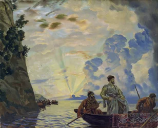 Der Kosakenführer Stepan (Stenka) Timofejewitsch Rasin (1630-1671) in einem Boot. Er führte im Süden Russlands einen Aufstand gegen den Adel und die zaristische Bürokratie an (Stepan Rasin). (1878-1927)