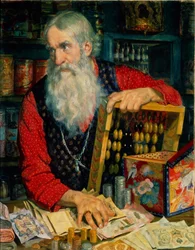 Der Kaufmann (alter Mann mit Geld und Abakus)