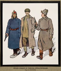 Häftling wird zu einem Revolutionstribunal gebracht; aus Histoire des Soviets, veröffentlicht 1922 (farbige Lithographie)