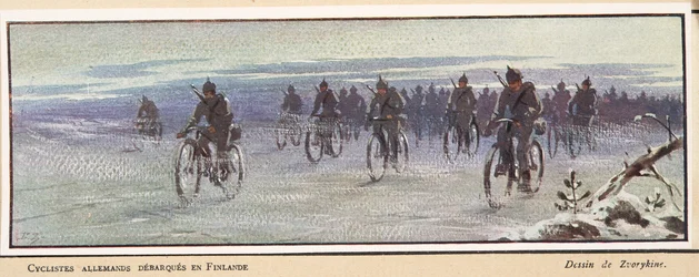 Deutsche Radfahrer kommen in Finnland an; aus Histoire des Soviets, veröffentlicht 1922