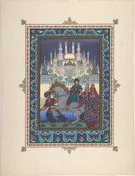 Illustration zum Märchen von Iwan Zarewitsch, dem Feuervogel und dem grauen Wolf, ca. 1925