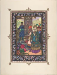 Illustration zum Märchen von Iwan Zarewitsch, dem Feuervogel und dem grauen Wolf, ca. 1925