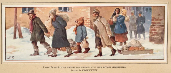 Sowjetische Arbeiter verlassen das Büro mit ihren Essensrationen, aus Histoire des Soviets, veröffentlicht 1922