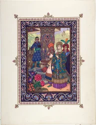 Illustration zum Märchen von Iwan Zarewitsch, dem Feuervogel und dem grauen Wolf