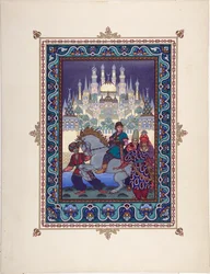 Der Feuervogel und der graue Wolf - Illustration für das Märchen von Iwan Zarewitsch, dem Feuervogel und dem grauen Wolf