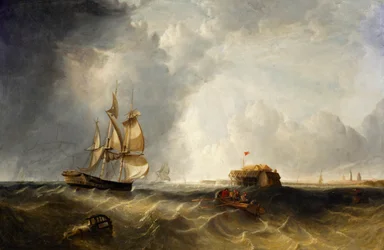 Ein Segelschiff und ein Ruderboot vor Calais