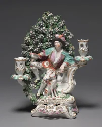 Kandelaber mit Schäfer und Hund, Hersteller Derby Porzellanmanufaktur (Chelsea-Derby Periode), ca. 1775