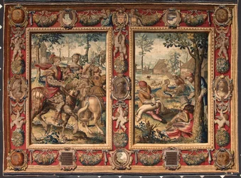 Monat Mai und Juni: Jagen und Schafe scheren. Wandteppich aus den Manufakturen von Mortlake. 17. Jahrhundert Genua, Musei di Strada Nuova