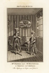 Mrs Margaret Farrel und Mr Charles Frederick Reinhold in persischer Tracht als Artaxerxes und Artabanes in Thomas Arnes Oper Artaxerxes