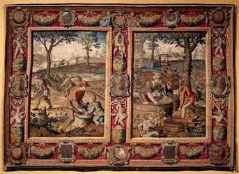 September und Oktober: „landwirtschaftliche Arbeit und Ernte“ Tapisserie der Manufakturen von Mortlake. 17. Jahrhundert Genua, Musei di Strada Nuova