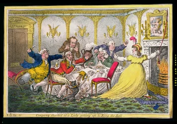 Gesellschaft schockiert, als eine Dame aufsteht, um die Glocke zu läuten, geätzt von James Gillray, veröffentlicht von Hannah Humphrey, 1804