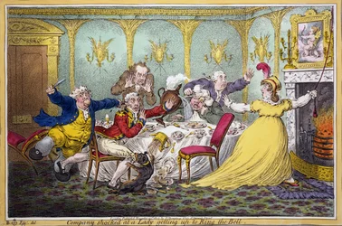 Gesellschaft schockiert über eine Dame, die aufsteht, um die Glocke zu läuten, veröffentlicht von H. Humphrey, London, 1804