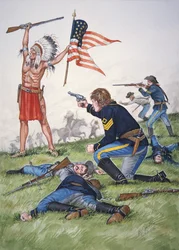 Ein Sioux-Krieger gegen das 7. US-Kavallerieregiment in der Schlacht am Little Bighorn, 25. Juni 1876, aus einer Serie von sechs Tableaus