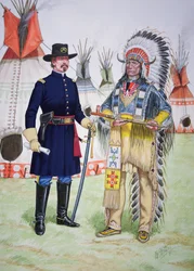 Häuptling Red Cloud der Oglala Sioux bietet einem Offizier des 5. US-Kavallerieregiments die Friedenspfeife an, bei der Unterzeichnung des Fort Laramie Vertrags von 1868, aus einer Serie von sechs Tableaus