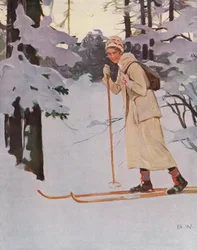 Frau beim Skilanglauf (Farblithografie)