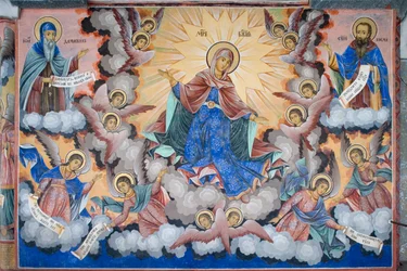 Bulgarien, Rila-Kloster, Fresko der Herrlichkeit der Jungfrau in der Kirche der Geburt der Jungfrau