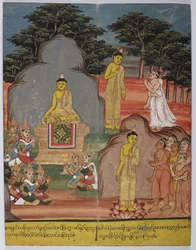 Auf dem Weg zum Hirschpark traf Buddha fünf Asketen (Mitte links); im Hirschpark hielt er die erste Predigt.