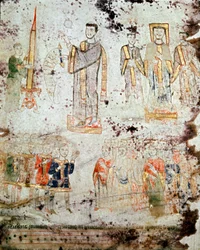 Byzantinische Kunst: „Zeremonie der Segnung der Osterkerze in Anwesenheit des Bischofs, der Mitglieder des Klerus und der Herren (Patricius) der Stadt Gaeta in Italien“ Miniatur aus „Exultet“ vom Anfang des 11. Jahrhunderts Museo Diocesano, Gaeta